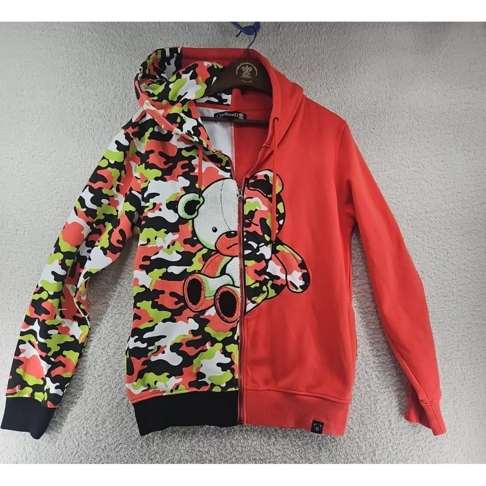 Civilized Camo Bear Hoodie Embroidered Zip Up Hip Hop Streetwear Jacket M Unisex